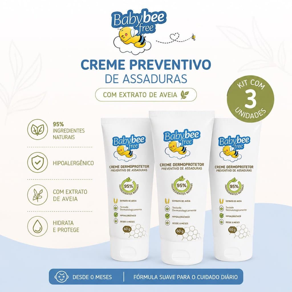 Pomada de Assadura Babybee Free -Dermoprotetora  KIT 3un, ingredientes Naturais extrato de aveia e lanolina +oxido zinco
