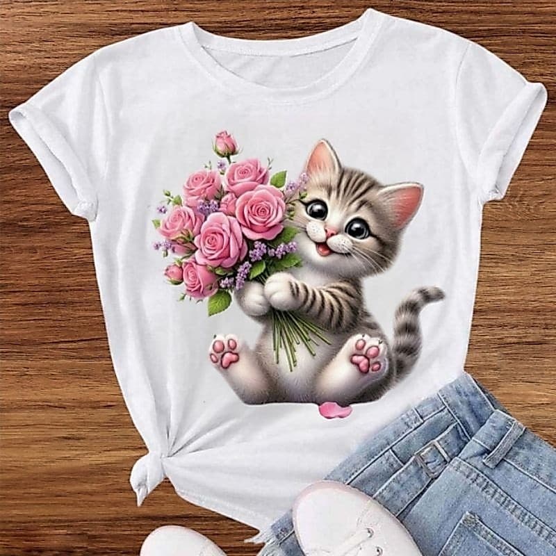 Camiseta Feminina Blusa Estampas Gato Fofinho Estampa DTF 100% Algodão