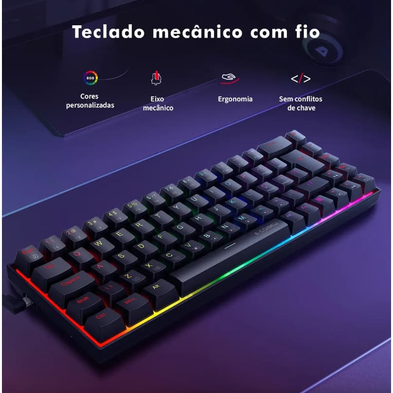 Teclado Mecânico Gamer Compacto 86 Teclas Switch Iluminação RGB USB Tipo-C