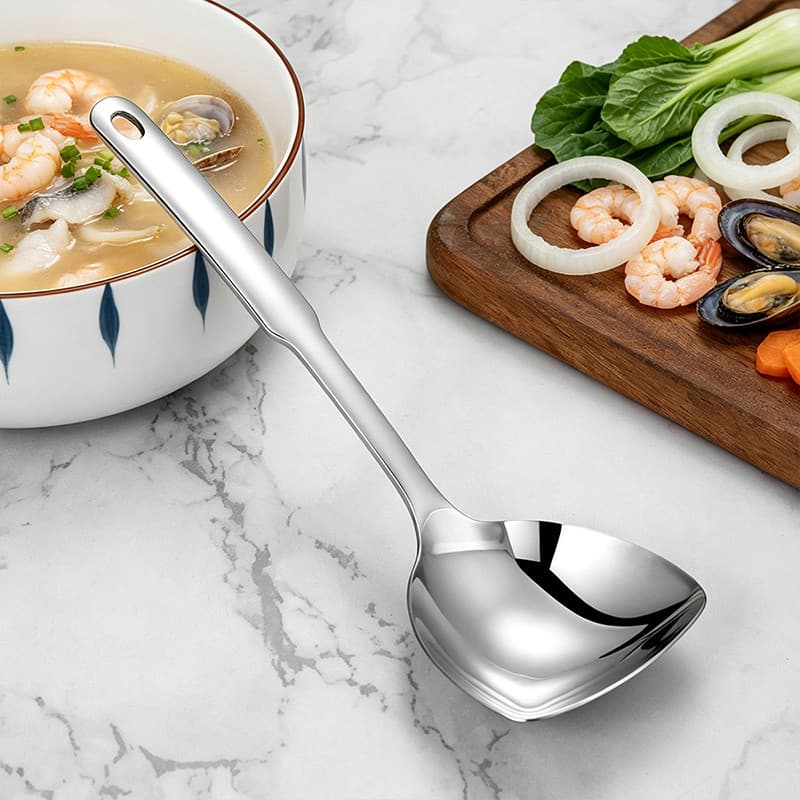 Colher De Sopa De Topo Plano De Aço Inoxidável , Espelho Polonês , Concha De Cozinha , Design De Gancho , Cabeça Aprofun