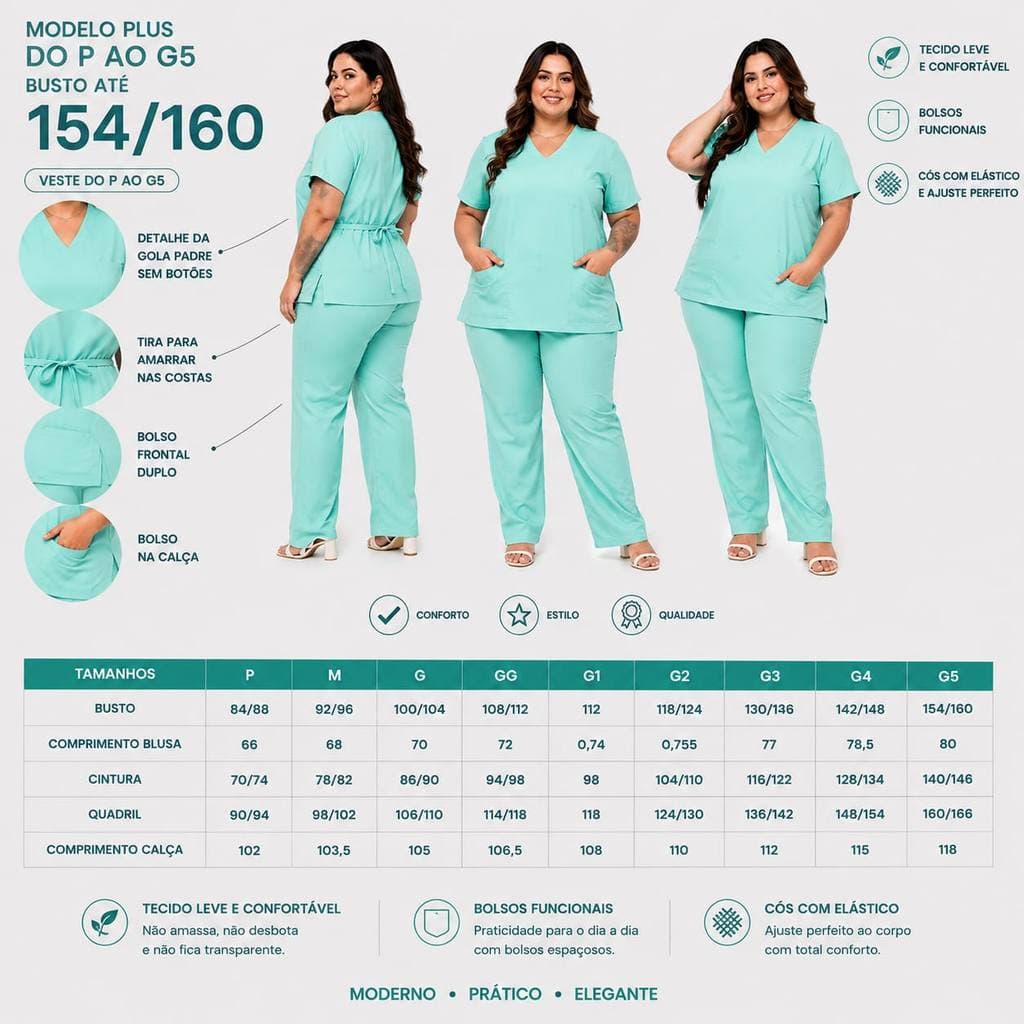 Scrub Feminino Hospitalar Gola V Plus Size Conjunto Pijama Cirúrgico do P ao G5