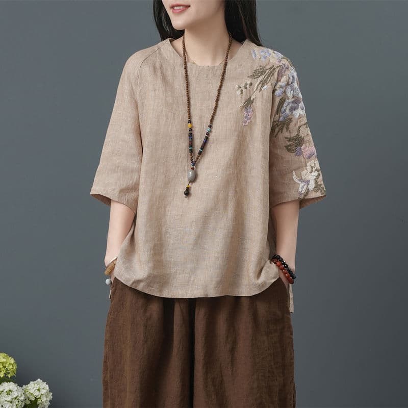 Top de linho de algodão feminino fino verão estilo étnico bordado tamanho grande arte solta Retro chinês camiseta