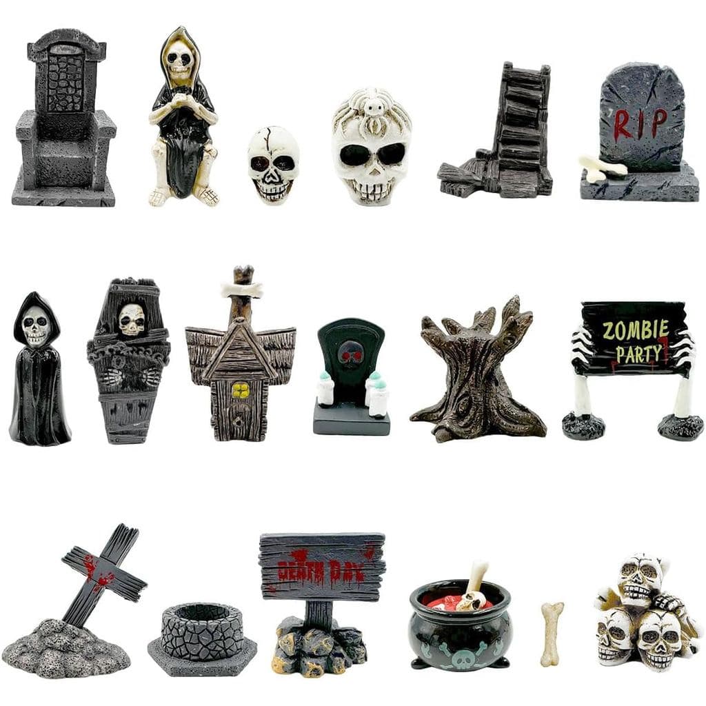 Suartus Miniaturas de Halloween - 18 Peças de Ornamentos de Cena em Resina: Fantasmas, Lápides, Crânios, Acessórios de J