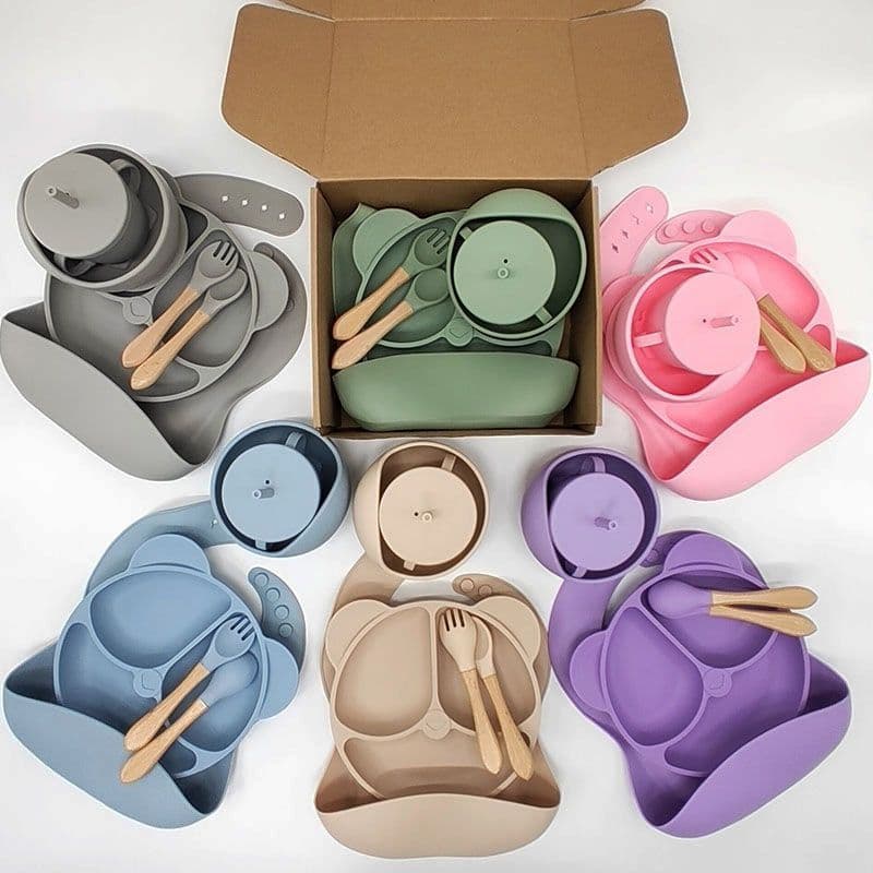 Conjunto de 6 peças de pratos de silicone com ventosa, pratos infantis de silicone, tigelas com ventosa, produtos para b