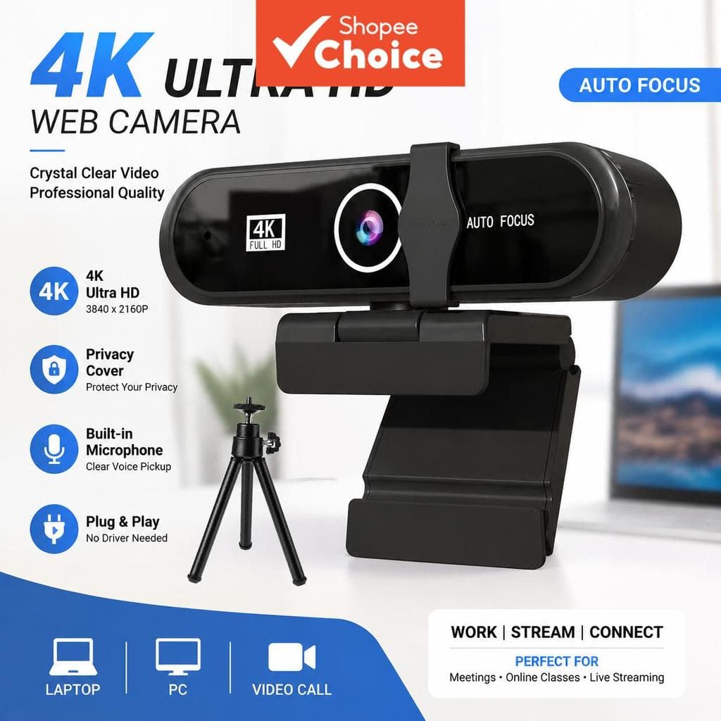 Webcam JCL 4K Para PC , Laptop Com Microfone , Câmera De Computador Foco Automático Microfones Cancelamento De Ruído , C