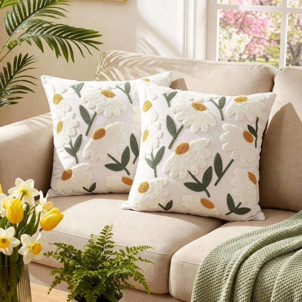 Breling Conjunto de 2 Capas de Almofada Bordadas com Flores Margaridas 18 x 18 Polegadas, Capa de Almofada Decorativa 3D