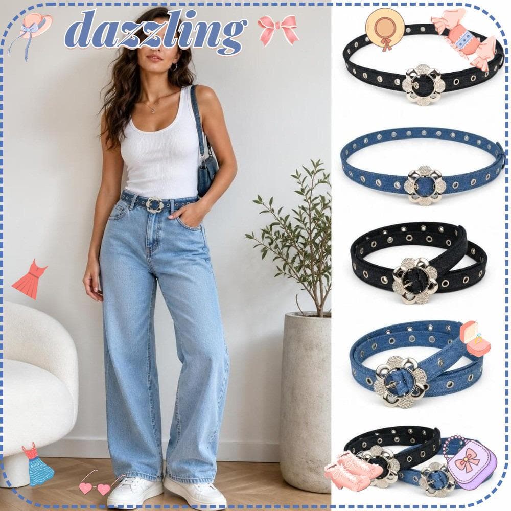 Cinto Jeans Deslumbrante , Fivela De Metal , Alça Decorativa De Ajuste Fino , Com Design De Flor Oca
