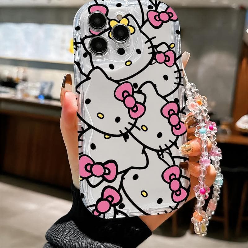 Capinha para iPhone 17/16/15 Pro Max capa celular silicone transparente estampa hello kitty laço rosa com cordão