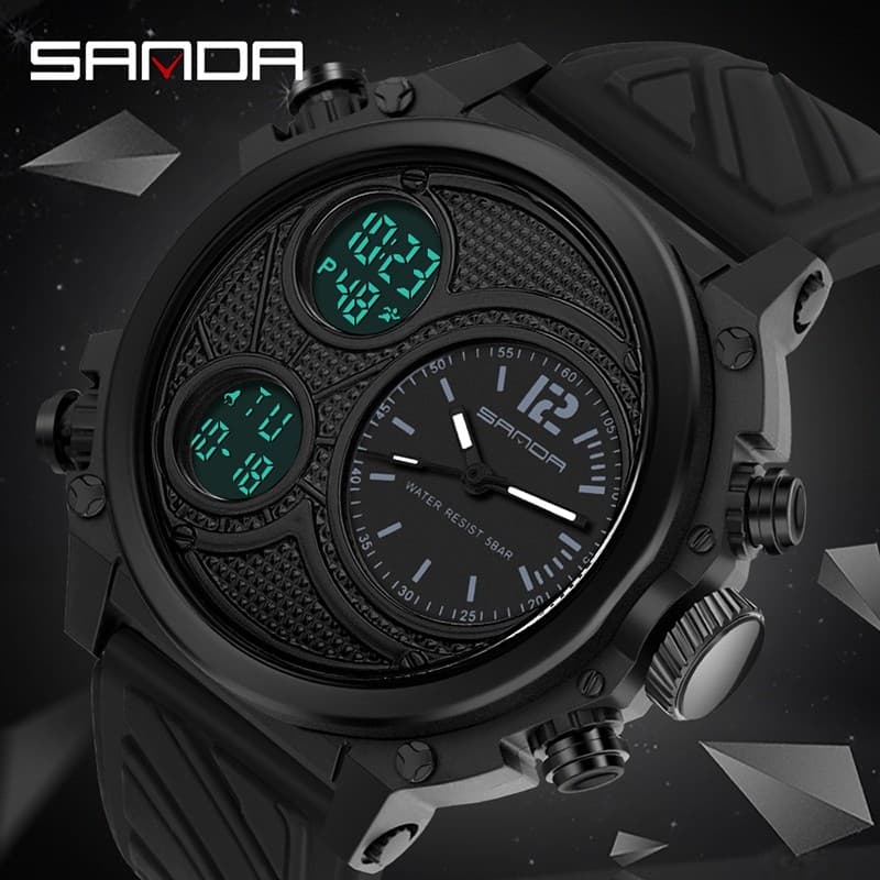 SANDA Moda Impermeável Dual Display Multifuncional Relógio Masculino 3002