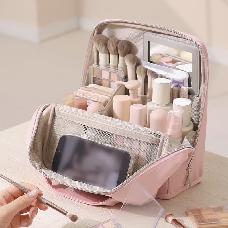 Bolsa cosmética de grande capacidade Bolsa de armazenamento de partição portátil para viagem com espelho Bolsa de higien