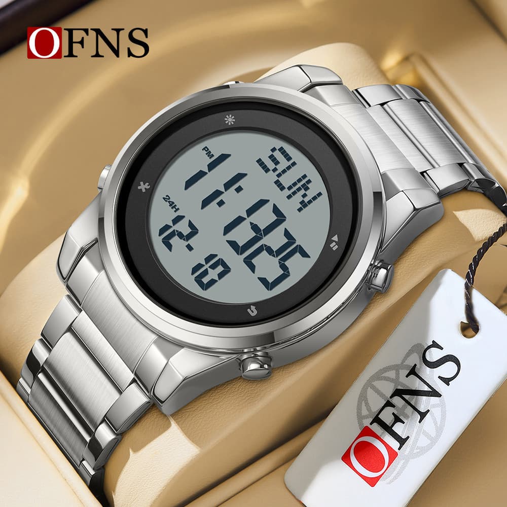 Relógio eletrônico de Metal OFNS com Display LED Relógio masculino multifuncional à prova d'água moderno