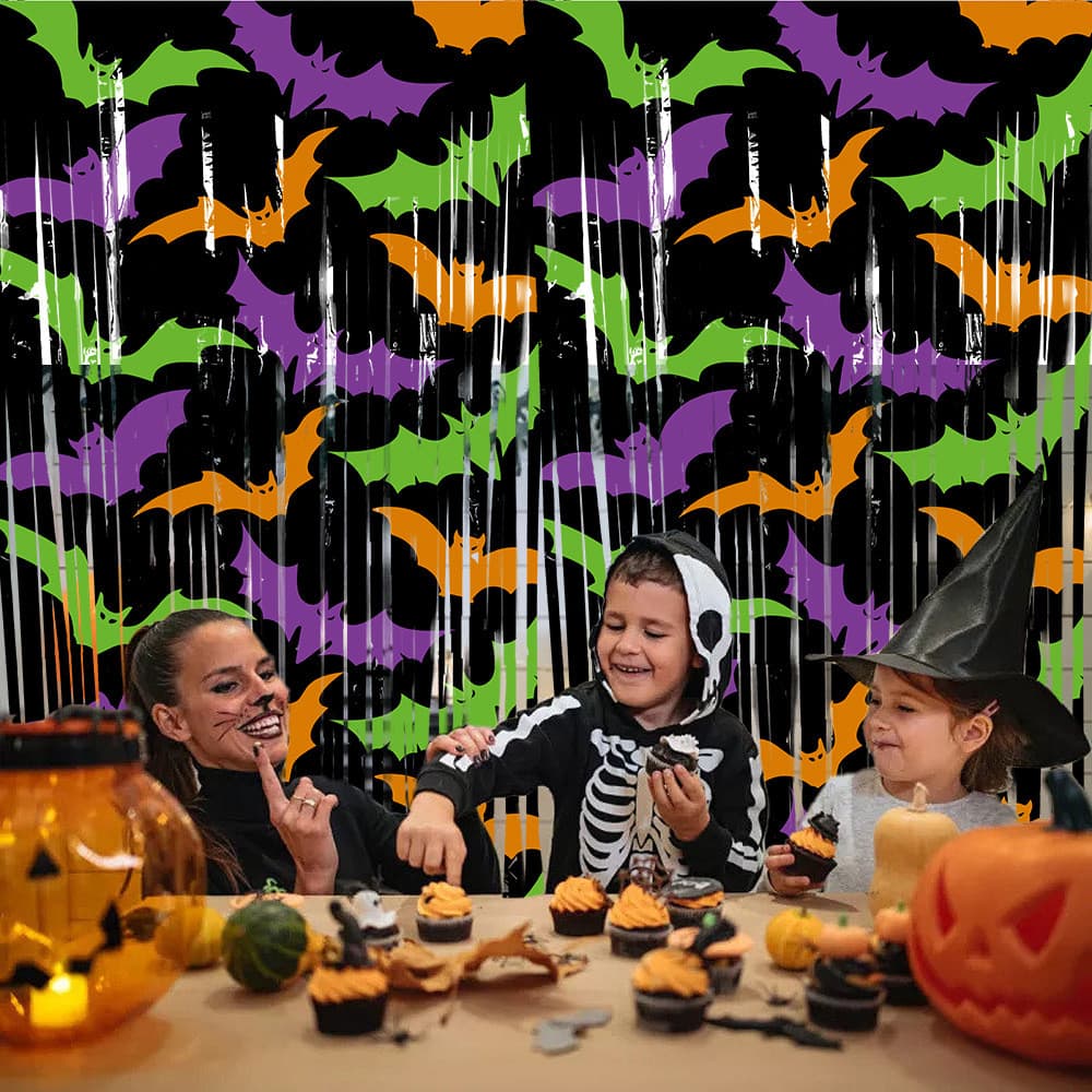 Cortina de Chuva de Halloween com Morcegos, Abóboras e Fantasmas para Decoração de Festa e Adereço Fotográfico
