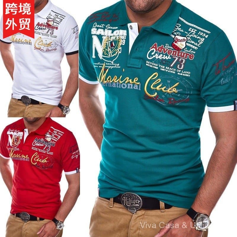 Camisa polo masculina personalizada de manga curta com estampa digital 3D, disponível em estoque.