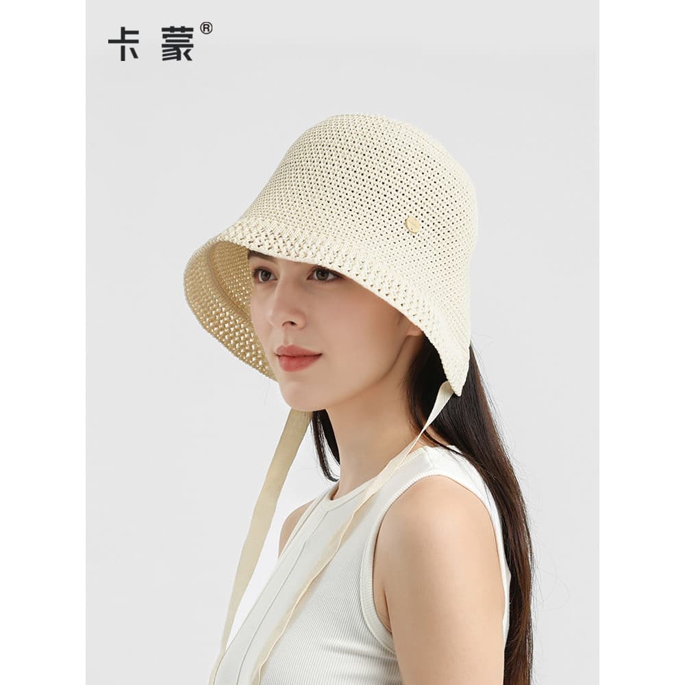 Camon voando tecido balde chapéu feminino verão respirável oco fita balde chapéu temperamento bonito chapéu feminino cha