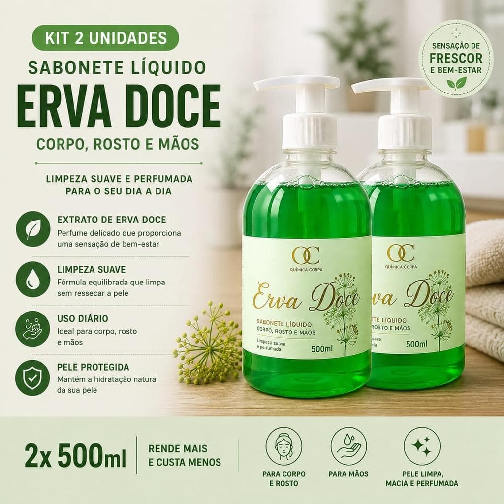 Sabonete Líquido Erva Doce Kit 2 unidades 500ml - Química Certa