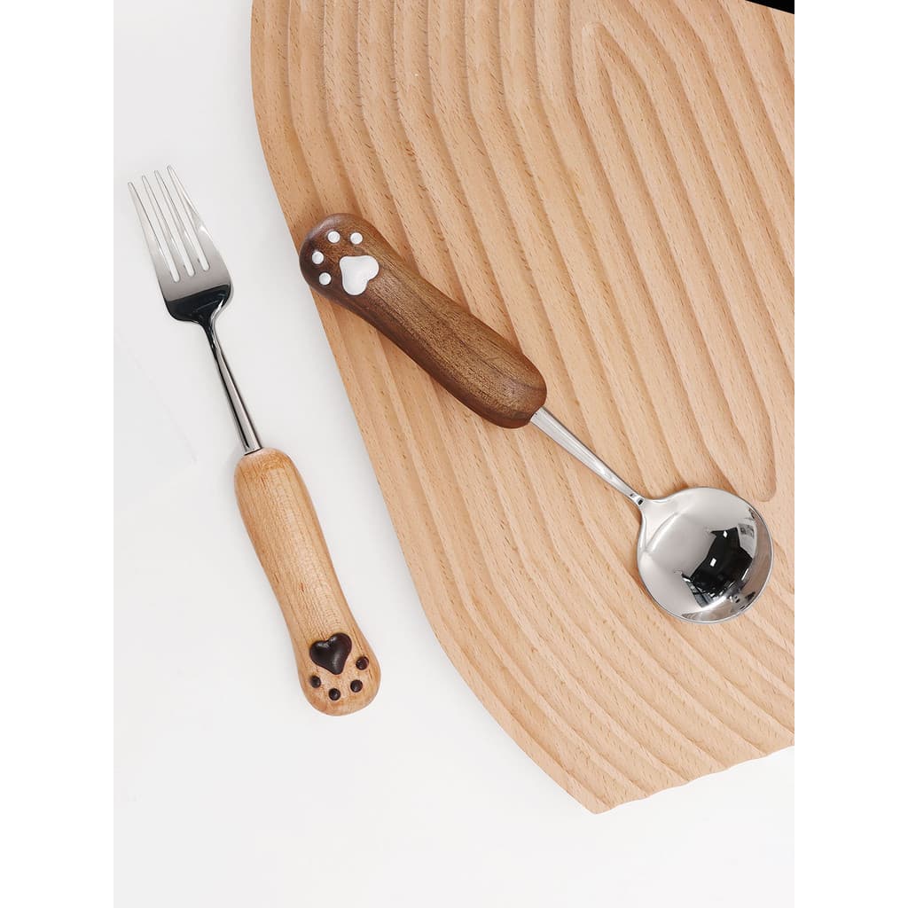 Criativo bonito alça de madeira colher garfo gato garra utensílios de mesa das crianças 304 colher garfo conjunto alça n