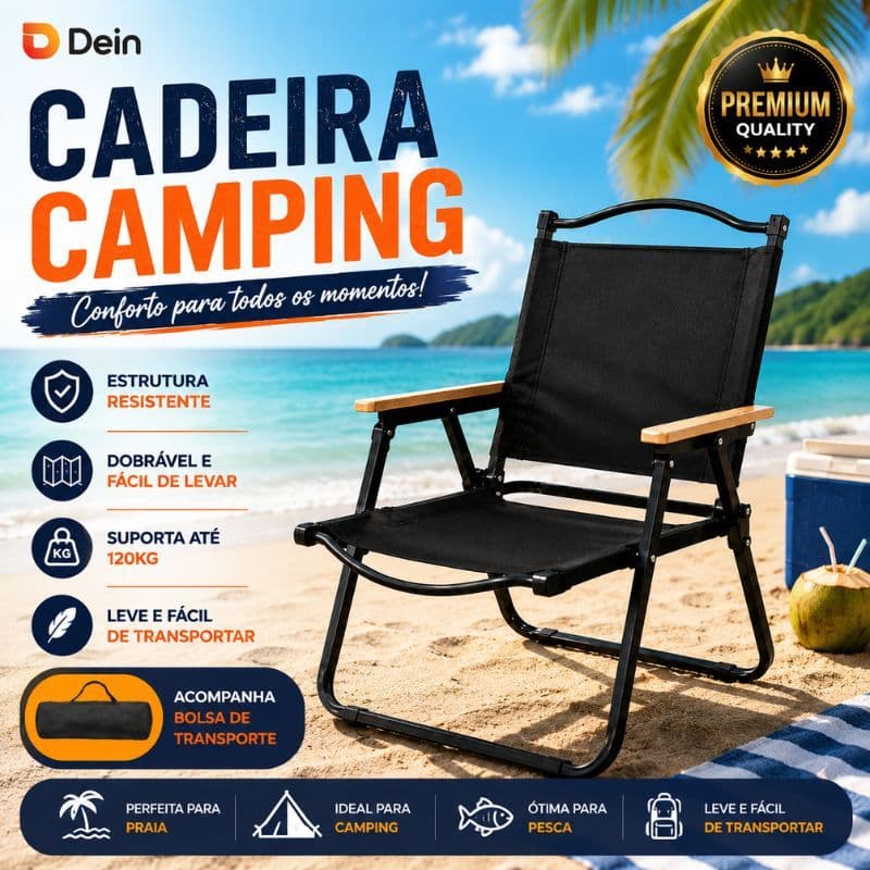 Cadeira de Camping Dobrável 100kg Portátil Reforçada com Braço Madeira Pesca Varanda Piquenique