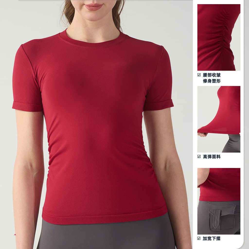 Cross-Border plissado cintura estreita esportes de manga curta roupas de Fitness de secagem rápida correndo roupas de Yo