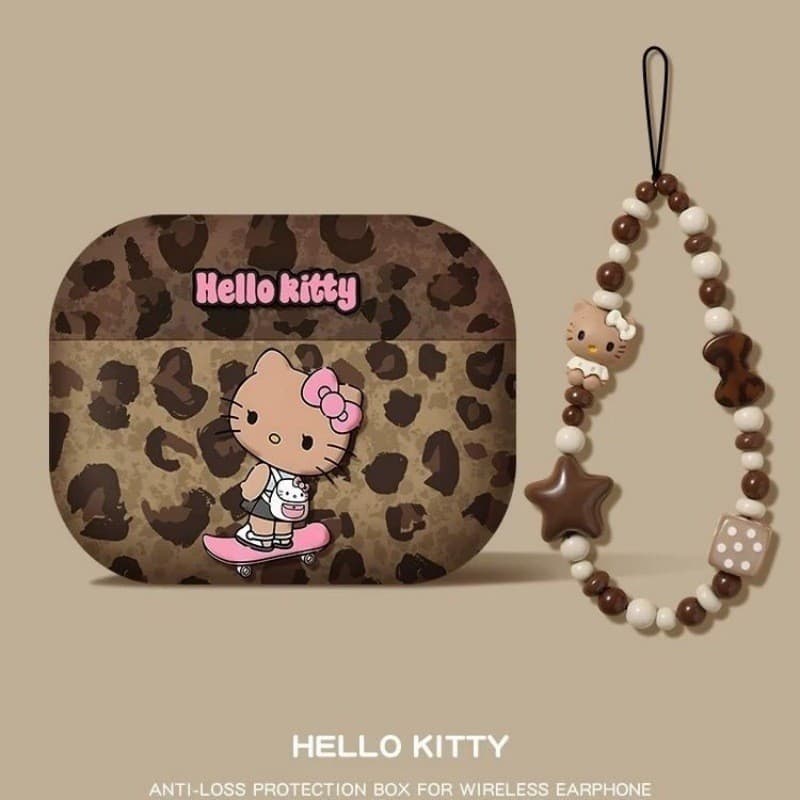 design Com Estampa De Leopardo Em Relevo , Capa Fofa De Fone De Ouvido Sem Fio Hello Kitty De Desenho Animado , Adequada