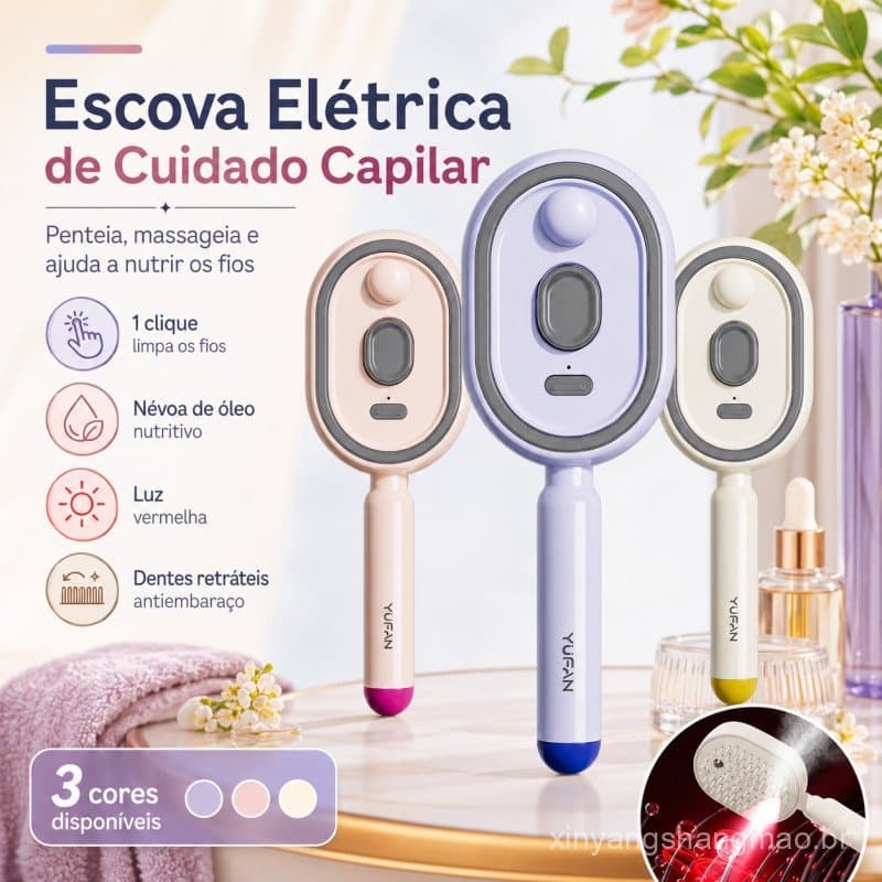 Escova de Cabelo Elétrica 3 em 1 com Spray Recarregável Desembaraçadora Massageadora de Couro Cabeludo Anti Frizz