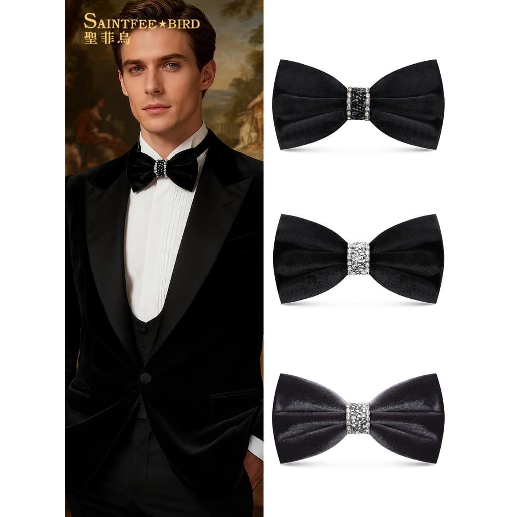 Gravata borboleta masculina de veludo preto, strass, casamento, noivo, padrinhos, terno Formal, terno de alta qualidade,