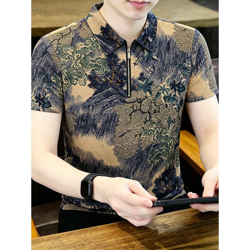 2026 verão novo estilo masculino lapela seda gelo manga curta camiseta impressa moda Casual All-Match respirável t