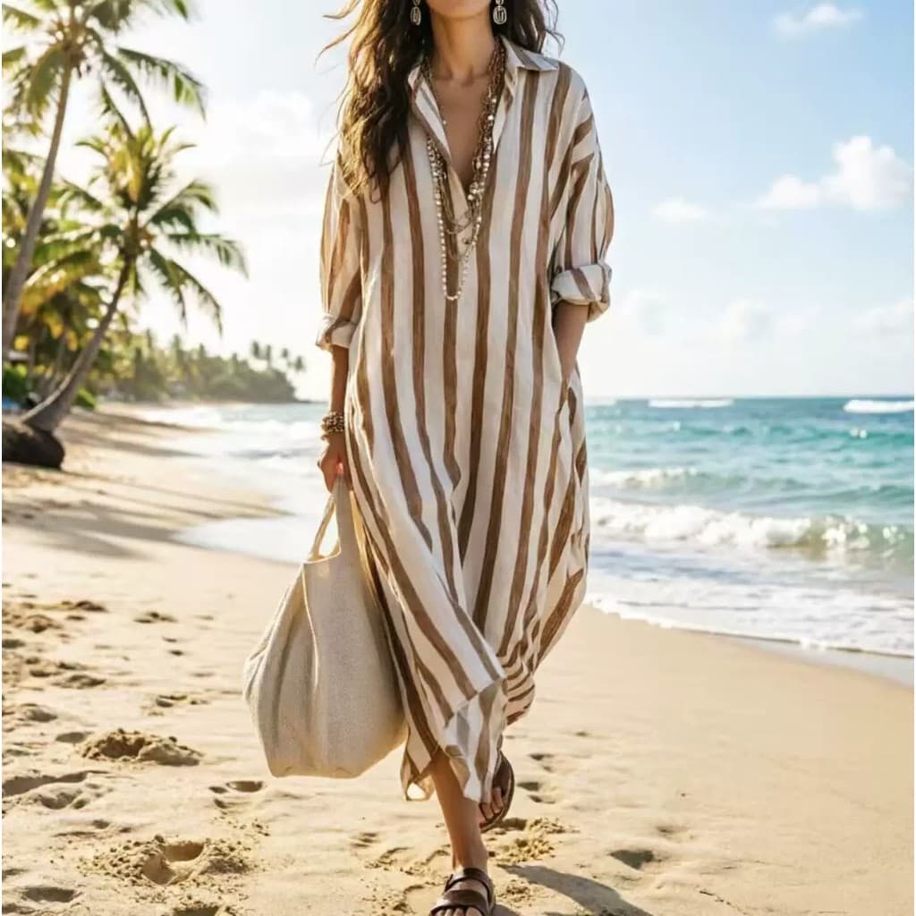Novo e elegante cardigã feminino listrado de verão, vestido soltinho e estiloso.