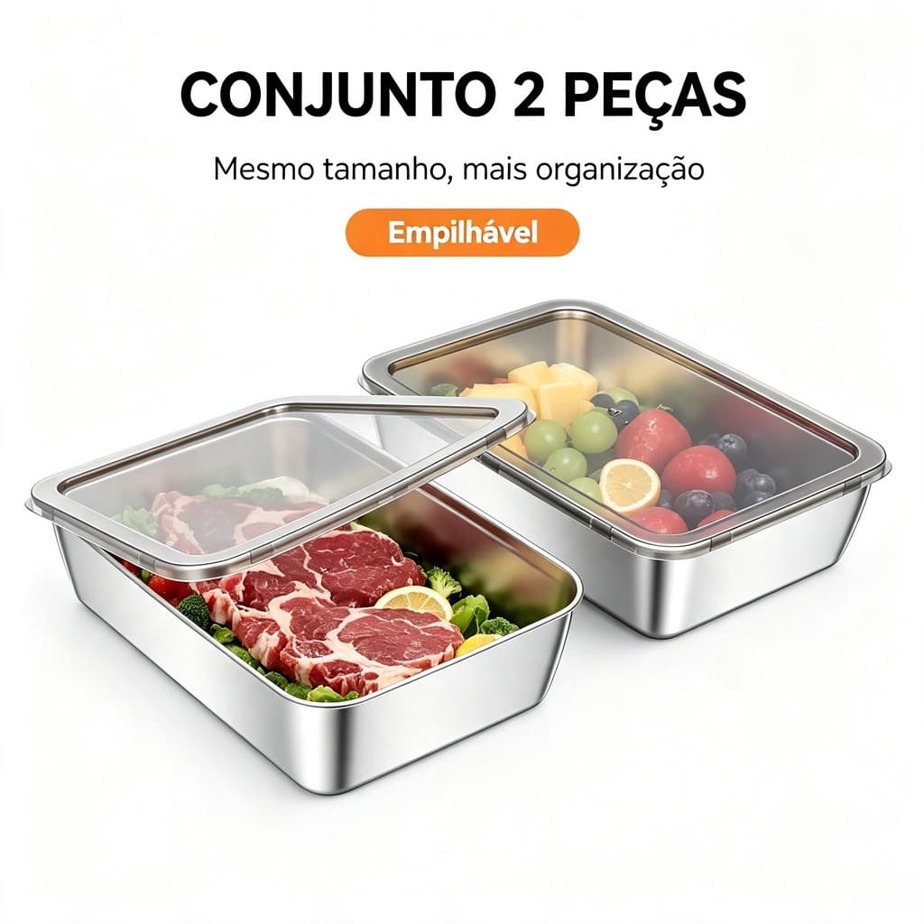 Kit 2 Caixas Inox Sem BPA à Prova de Vazamento Conservar Refeições e Sobras de Churrasco