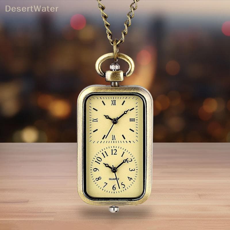 < DesertW > Relógio Requintado Bronze Chaveiro Poeta Quadrado Retro Duplo Tempo Movimento De Quartzo Sem Capa Estilo Ant
