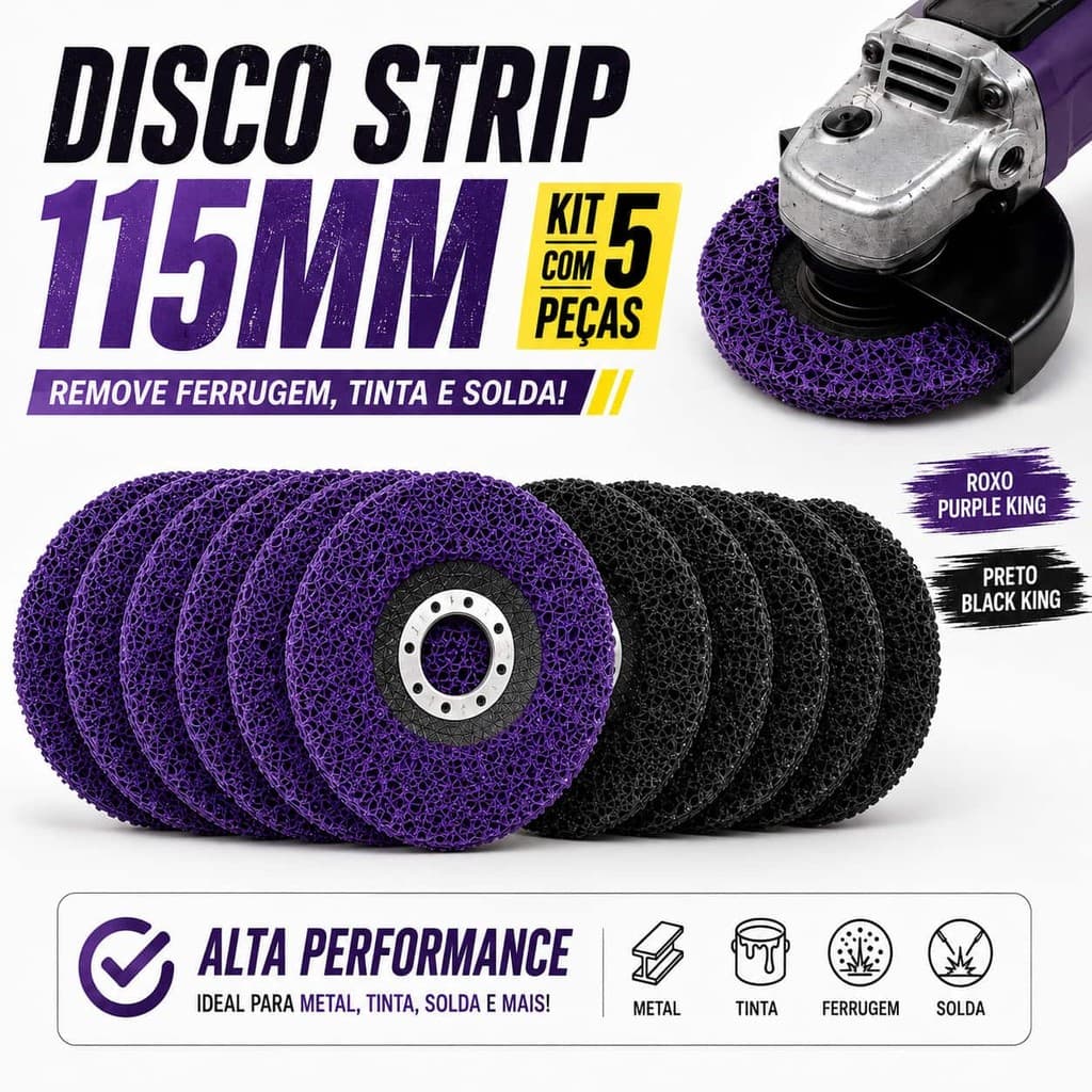 Kit 5 Discos Removedores de Tinta Ferrugem 115mm Grão 46 para Esmerilhadeira 4,5 Pol Roxo ou Preto