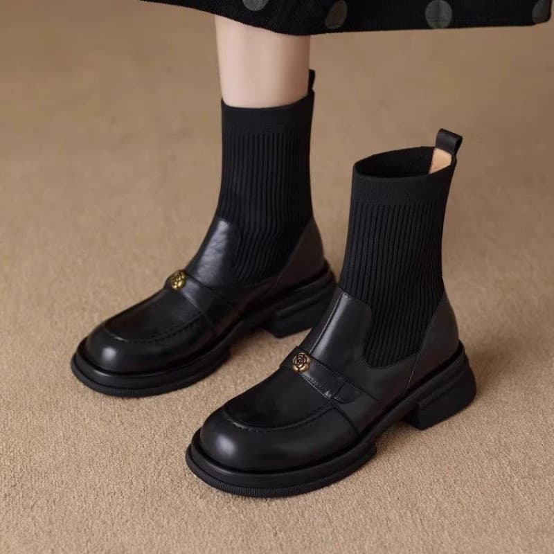 Botas Martin femininas para outono e inverno, botas curtas de sola grossa, botas de malha elástica, sapatos de couro com