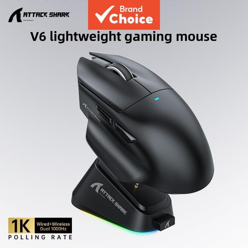 Mouse Gaming Sem Fio Shark V6 Modo Triplo Sensor PAW3311 25000 DPI Ultraleve Conectividade 2.4G Bluetooth Com Fio Dock