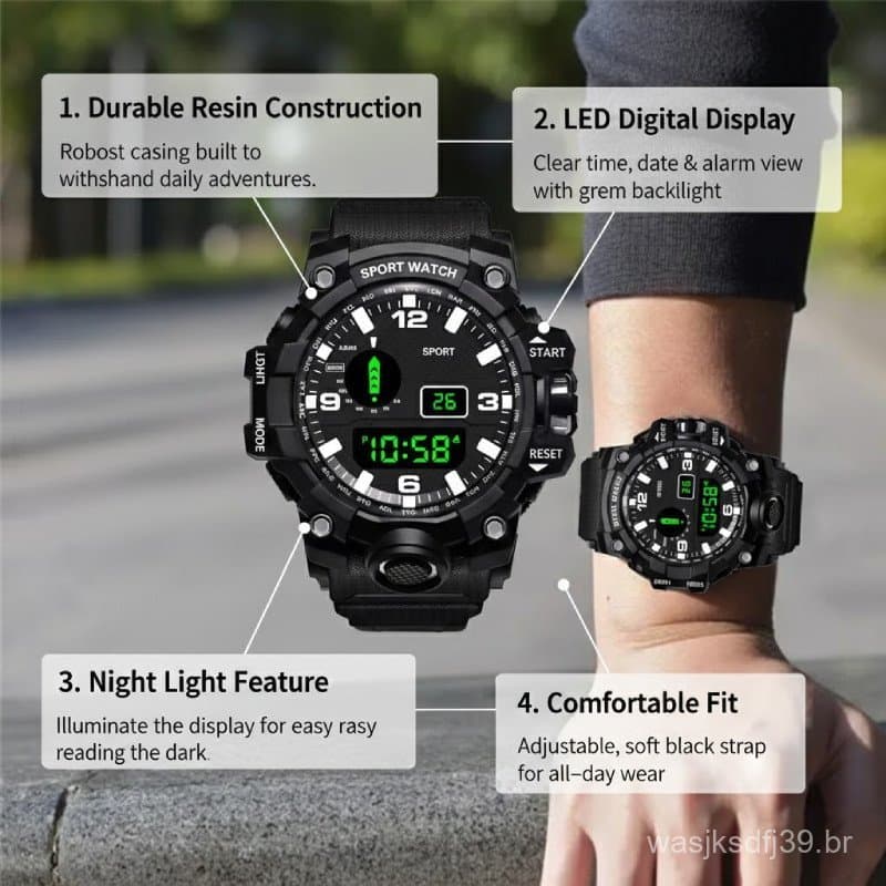 Relógio Esportivo Redondo Masculino-Display Digital LED Com Contagem Regressiva De Data E Luz Noturna