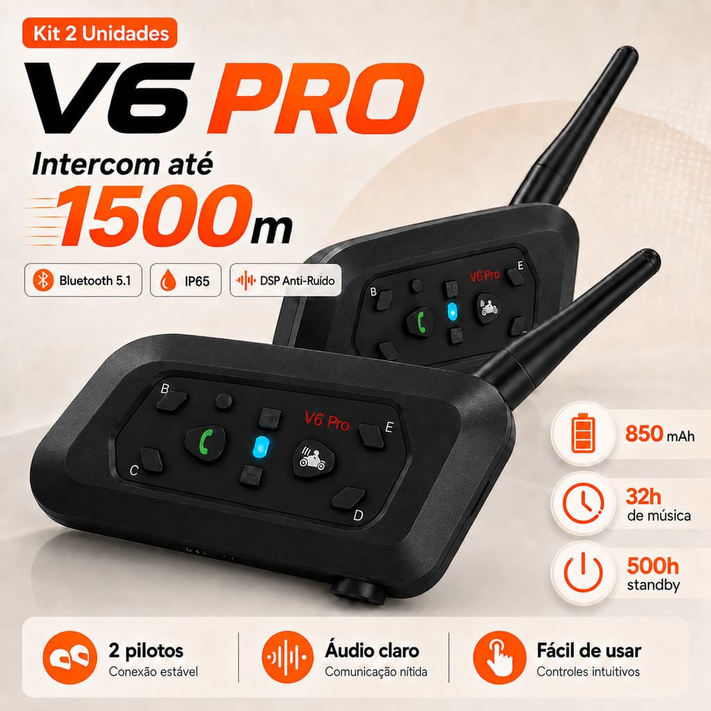 Kit 2 Intercomunicador Bluetooth Capacete Moto V6 PRO 6 Dispositivos 1500m IP67 USB-C Longa Duração