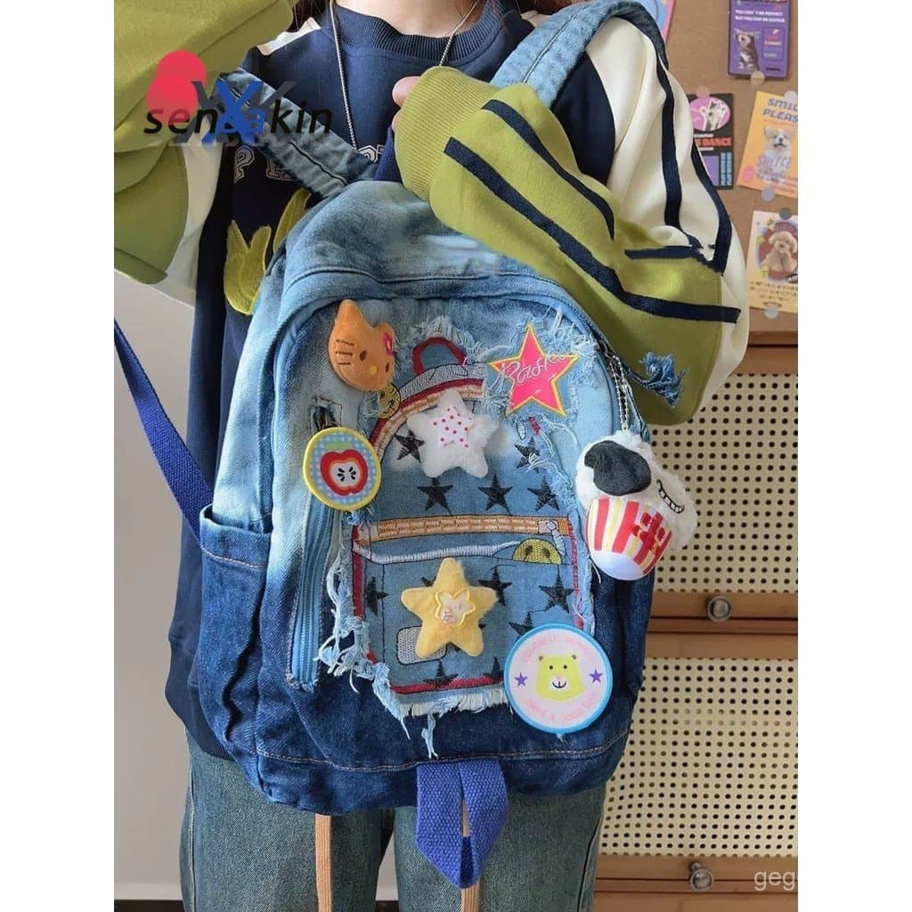 [SJB] Mochila de ganga retro americana com aplique de estrela, mochila escolar para estudantes com cor em degradê e cost