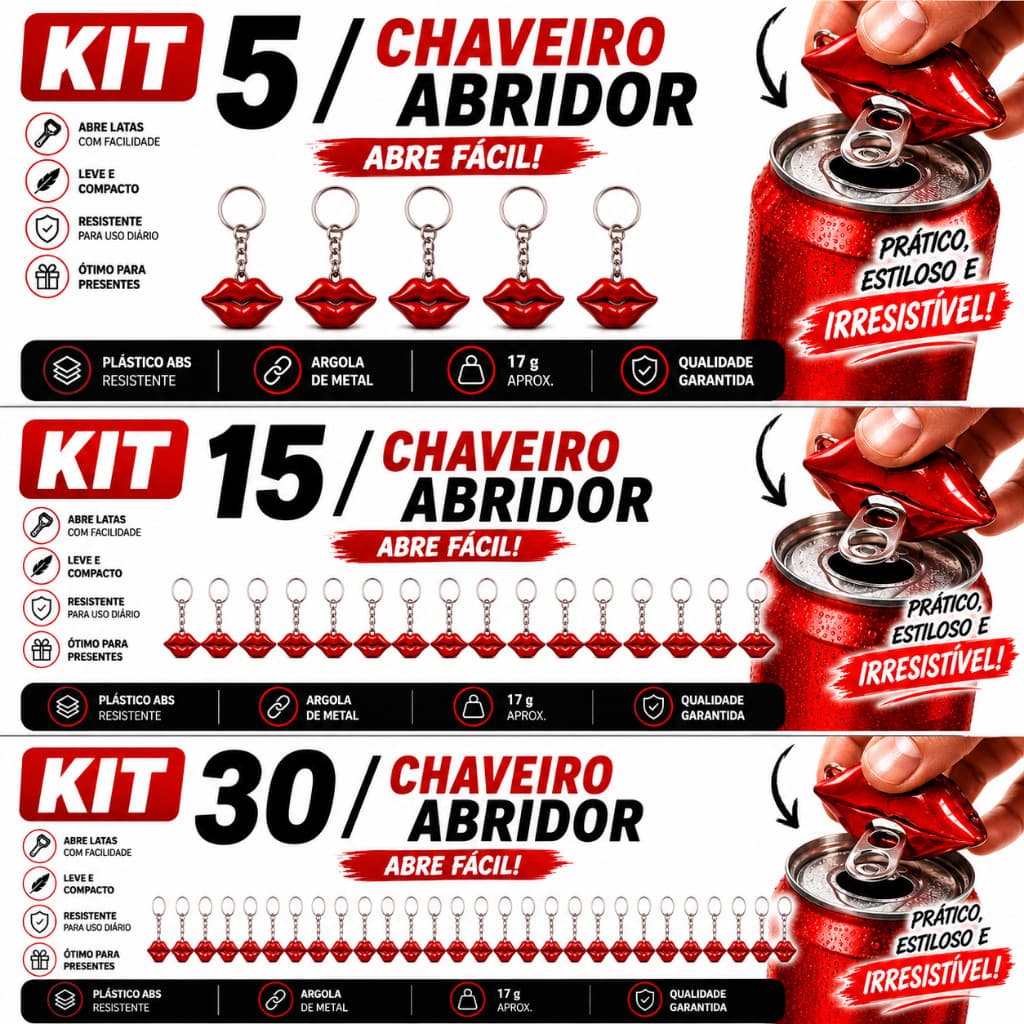 Chaveiro Abridor de Lata Boca Beijo  Kit 5 / 15 / 30 un. | Presente Criativo