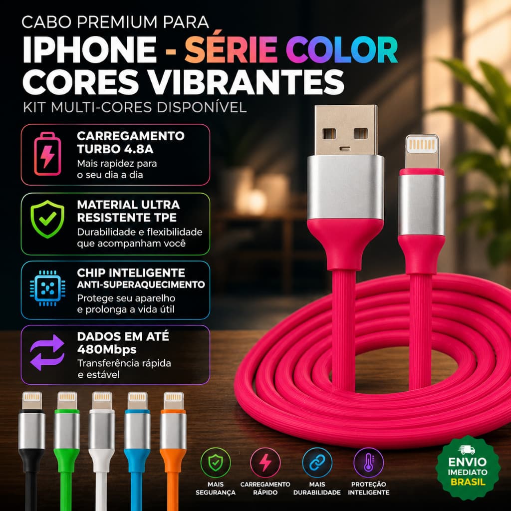 Cabo Colorido USB Lightning Turbo 1.2M Emborrachado Reforçado Celular iPhone 11 12 13 14