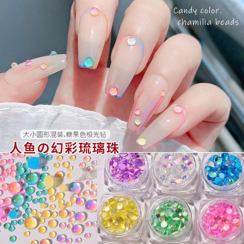 Manicure sereia contas semicírculo pérolas cor fantasma Aurora bolha contas cor doce cristal diamante tamanho decorações