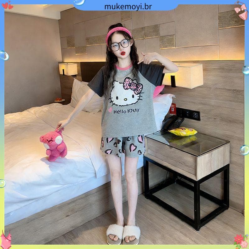 Verão venda quente crianças dos desenhos animados bonito KT gato meninas pijamas de manga curta Shorts médio grande cria