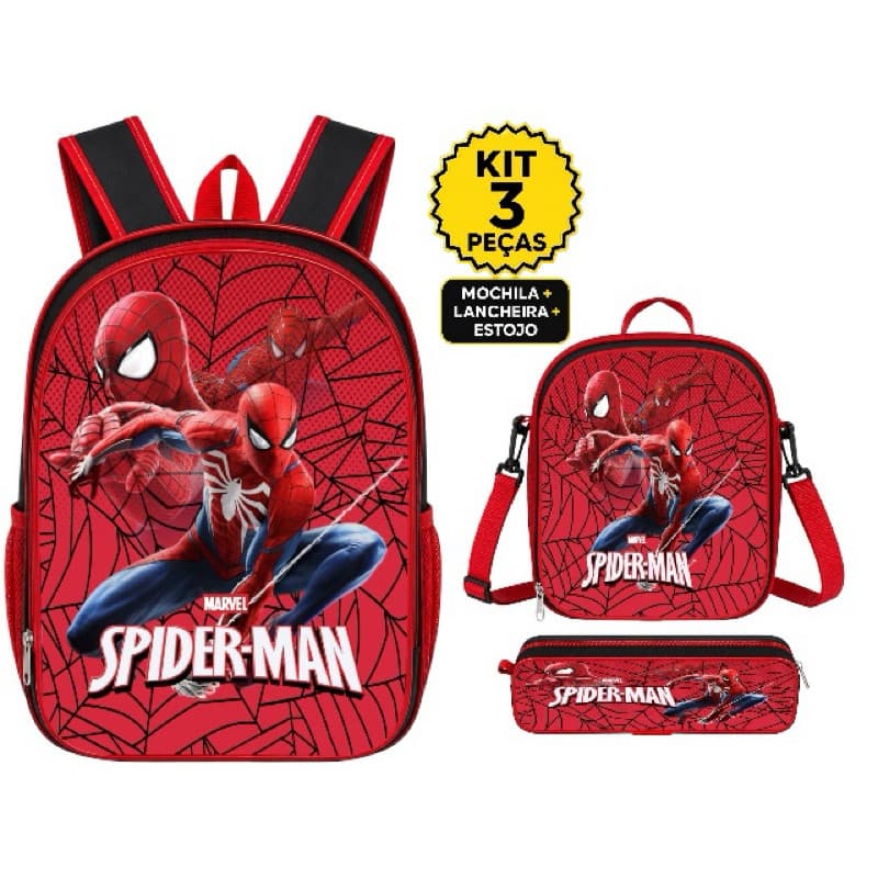 Kit escolar Homem Aranha Mochila Forro interno Lancheira Térmica + estojo