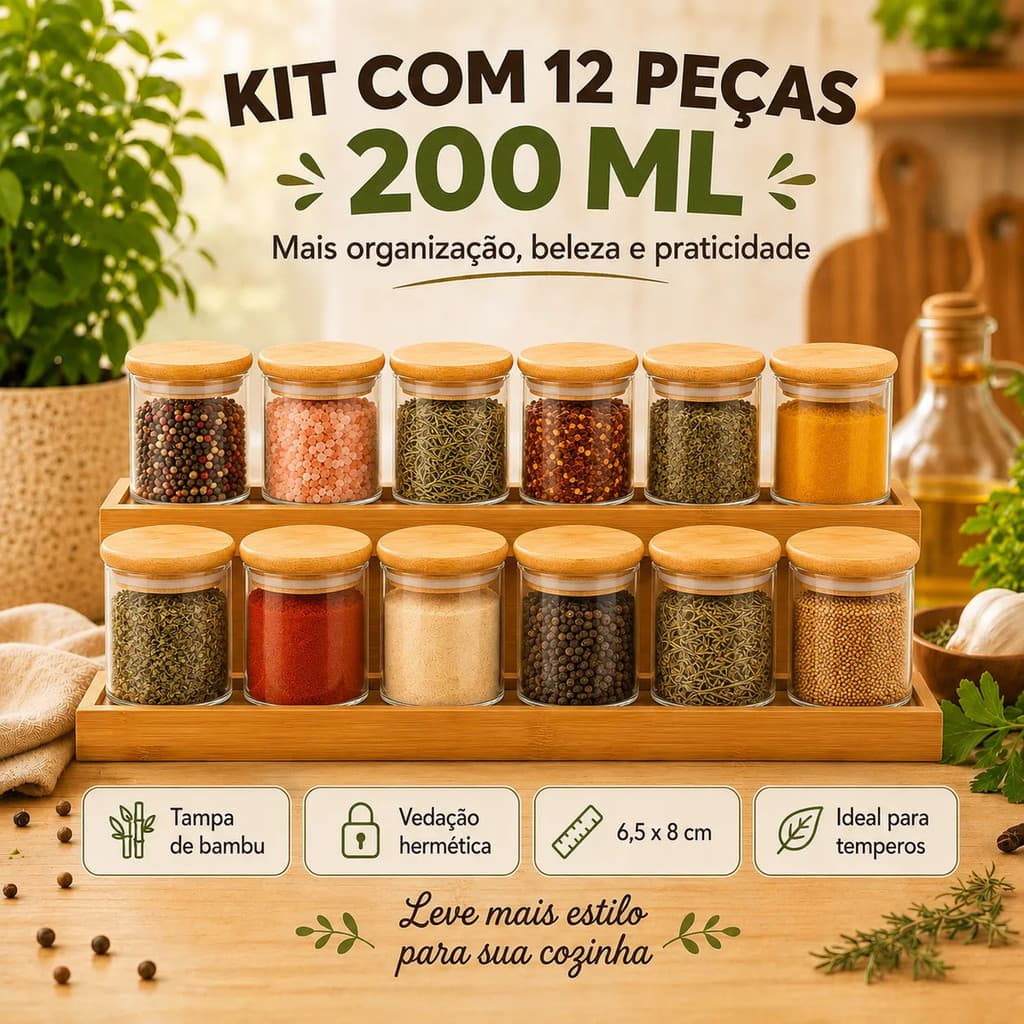 Kit Potes Vidro Porta Temperos Hermético 200ml Cozinha