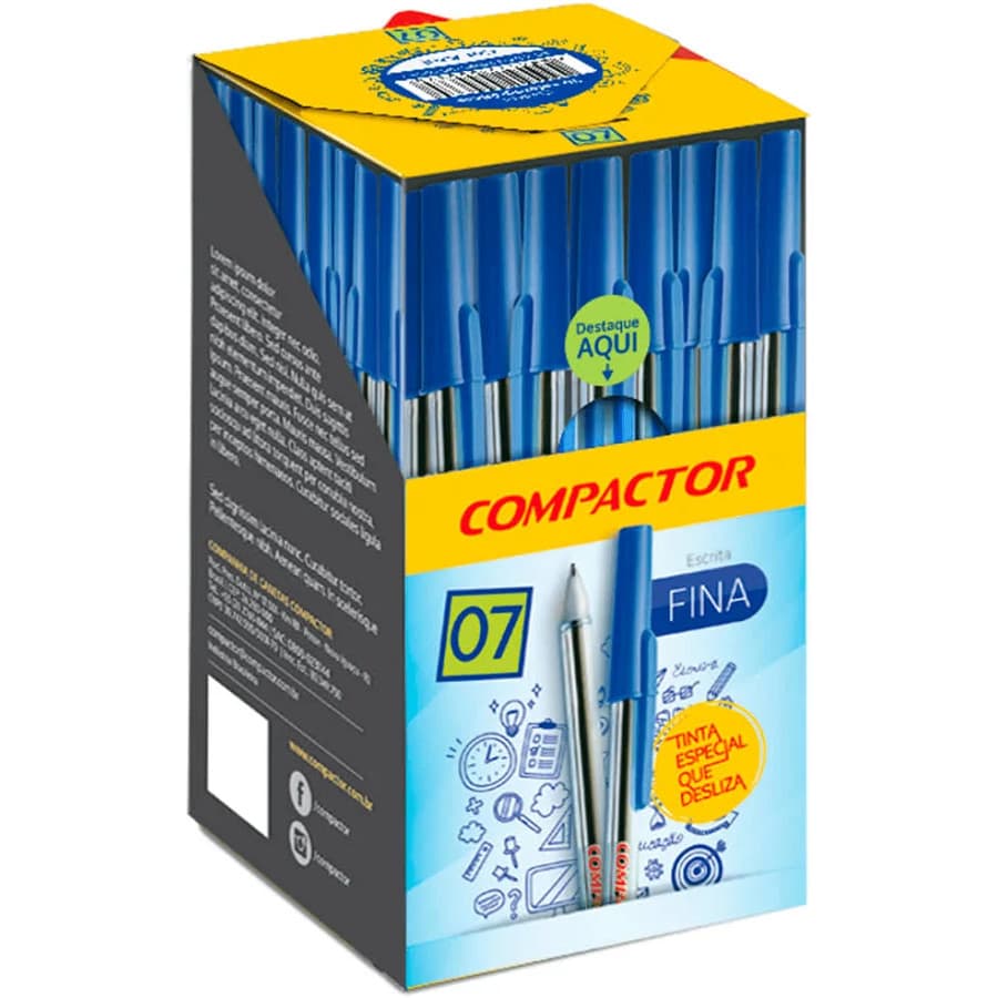 Caixa com 50 Canetas Esferográficas Compactor 0.8mm Azul Ponta Fina