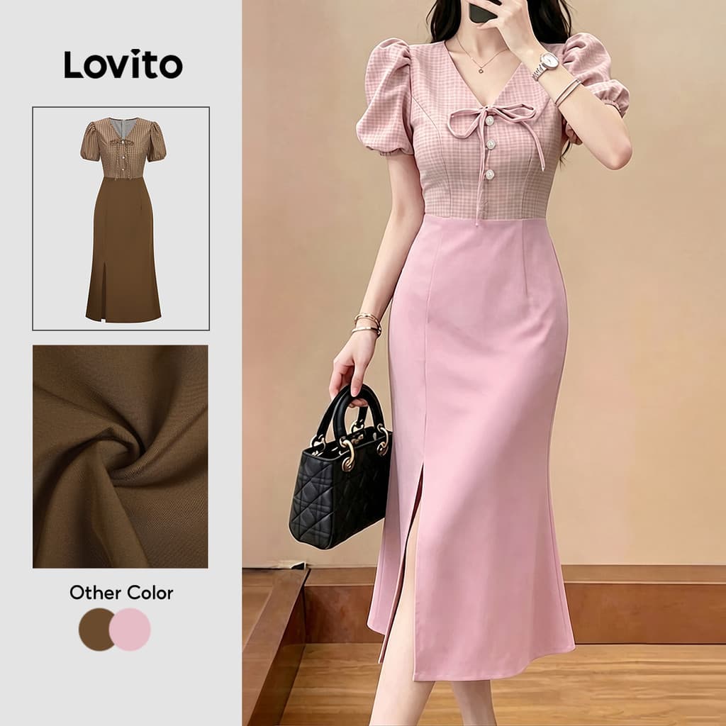 (New Arrival) Lovito Tecido de Vestido Casual com Costura de Laço Rosa Primavera/verão Vestido feminino LK7ED1305
