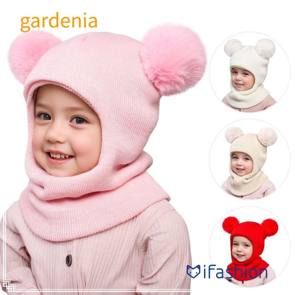 Gorro e cachecol integrados GARDENIA, balaclava infantil com duas bolas, gorro de lã com pom-poms, adequado para EQER.