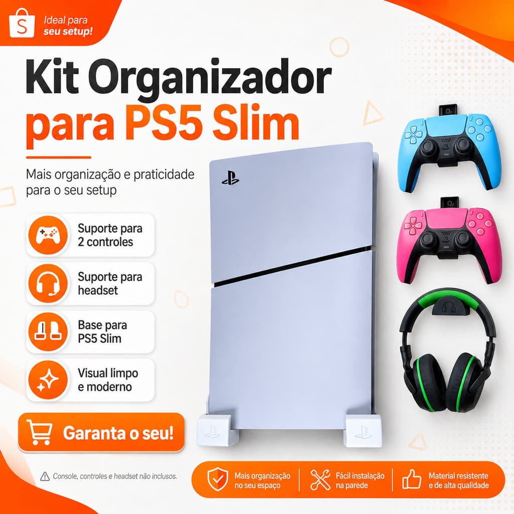 Kit Suporte Parede compativel com PS5 Slim + 2 Suportes Controle Dualsense + Fone + Bucha Parafuso