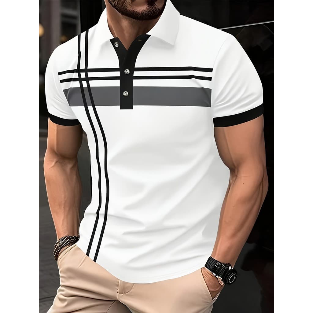 Camisa polo masculina com estampa listrada contrastante Patchwork, camisa polo masculina, camisa Casual de manga curta c