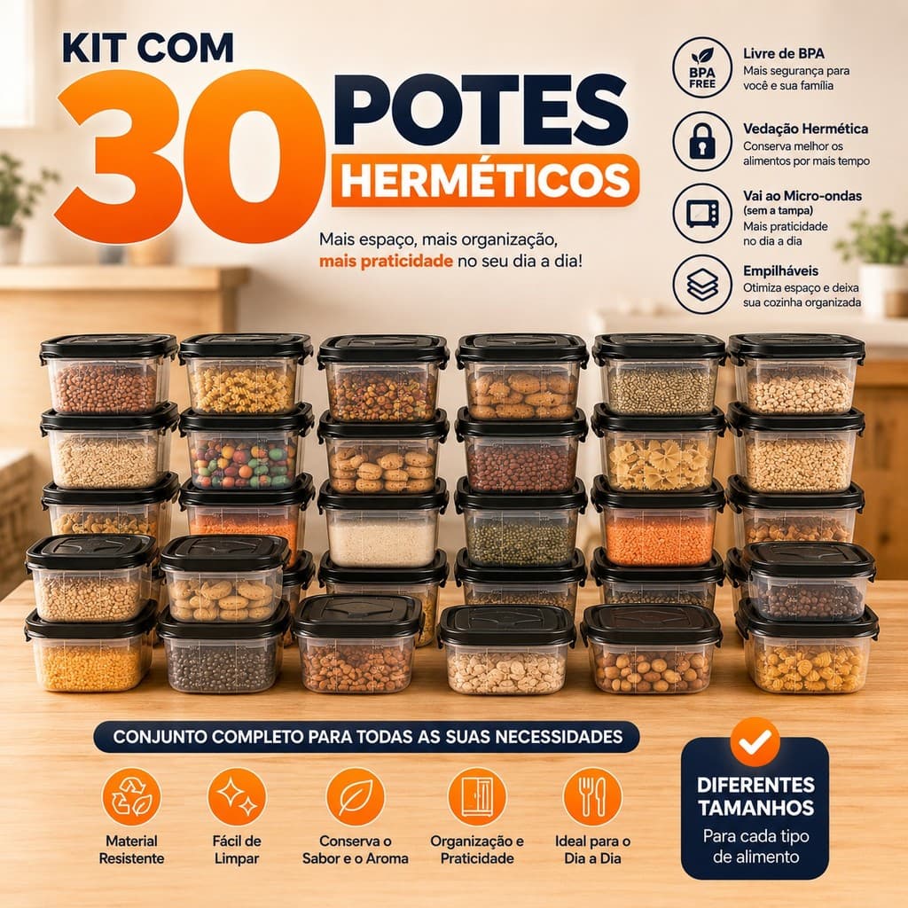 Kit com 30 Potes Herméticos Marmita 500Ml 850Ml 2,2L Com Travas Laterais - Livre de BPA Alimentos