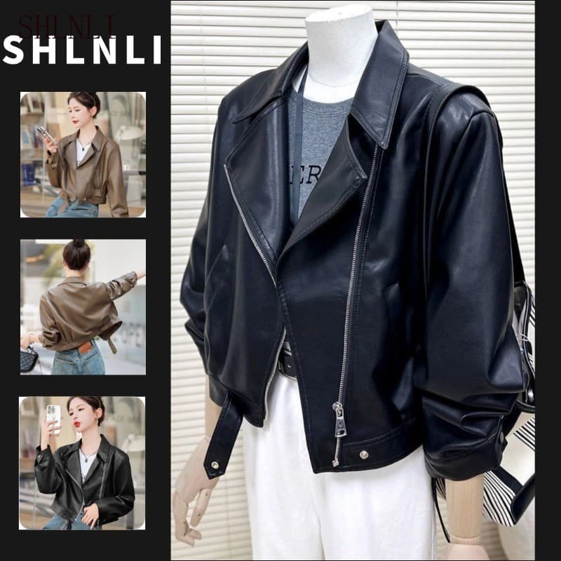 Primavera Outono Feminino Estilo Motociclista Jaqueta De Couro Curto Lapela Solta Zip-Up Casaco Casual