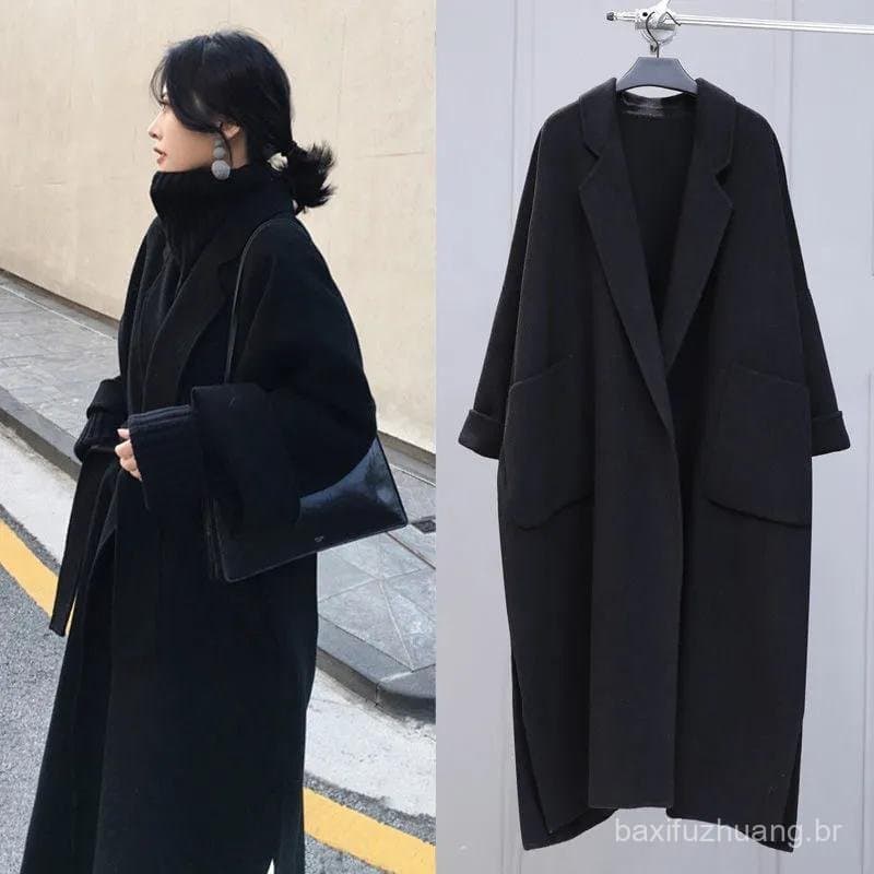 Casaco de lã grosso pesado 2025 novo estilo coreano casaco de lã feminino outono inverno casaco preto sobre o joelho Lo
