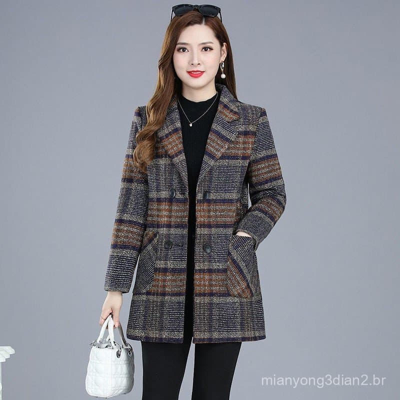 Casaco Feminino De Lã Lisa Coreano Grosso De Comprimento Médio Outono-Inverno .